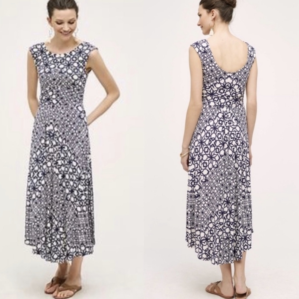 ANTHRO Maeve Mallorca Indigo Purple Blue White Sleeveless Midi Length Dress Smal